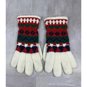 Vintage Knit Gloves Womens One Size Red Fair Isle Winter Cozy Wrist Length